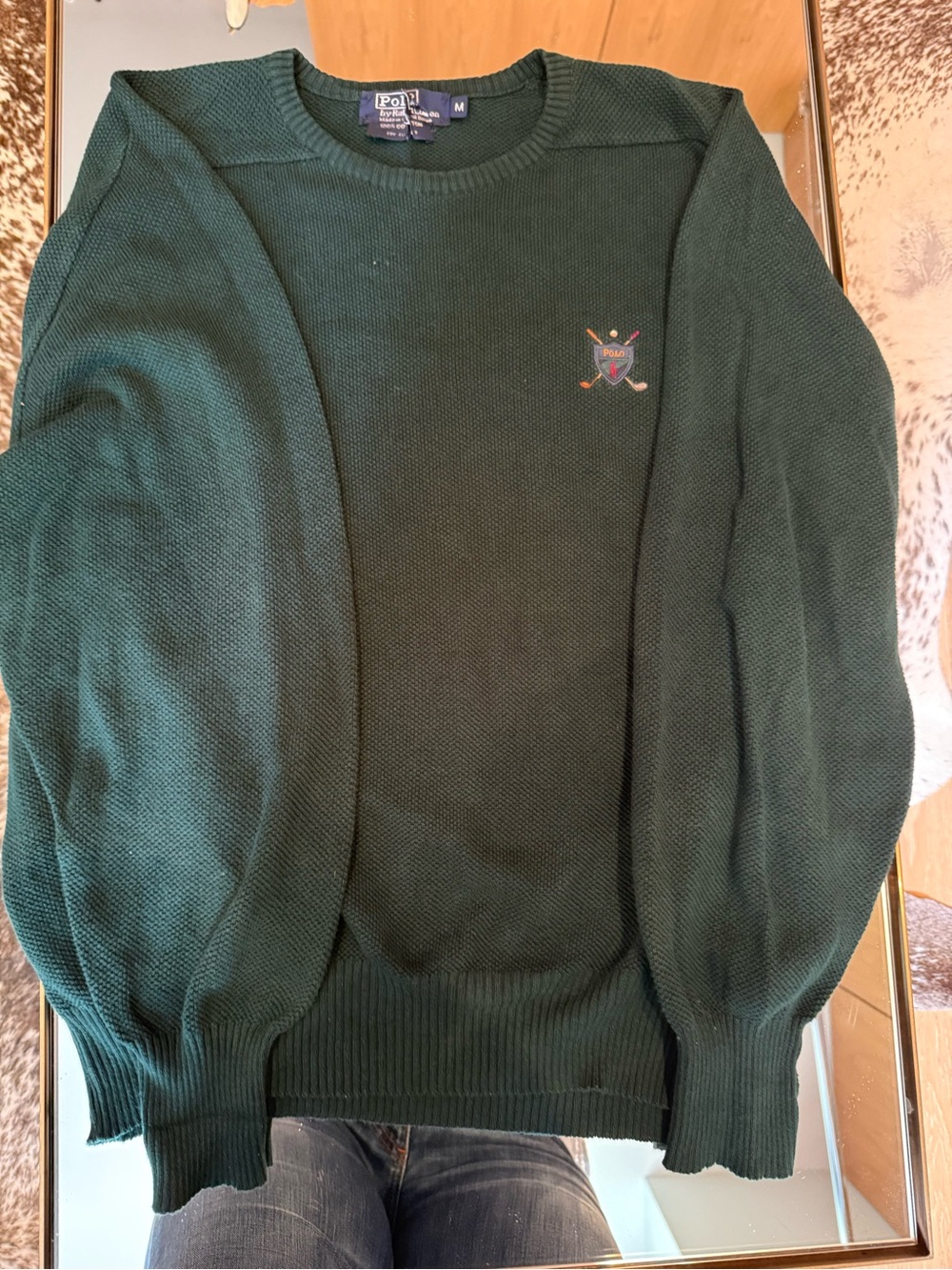 Vintage Men's Dark Green Crewneck Polo Sweater & Embroidered Polo Stick Crest M